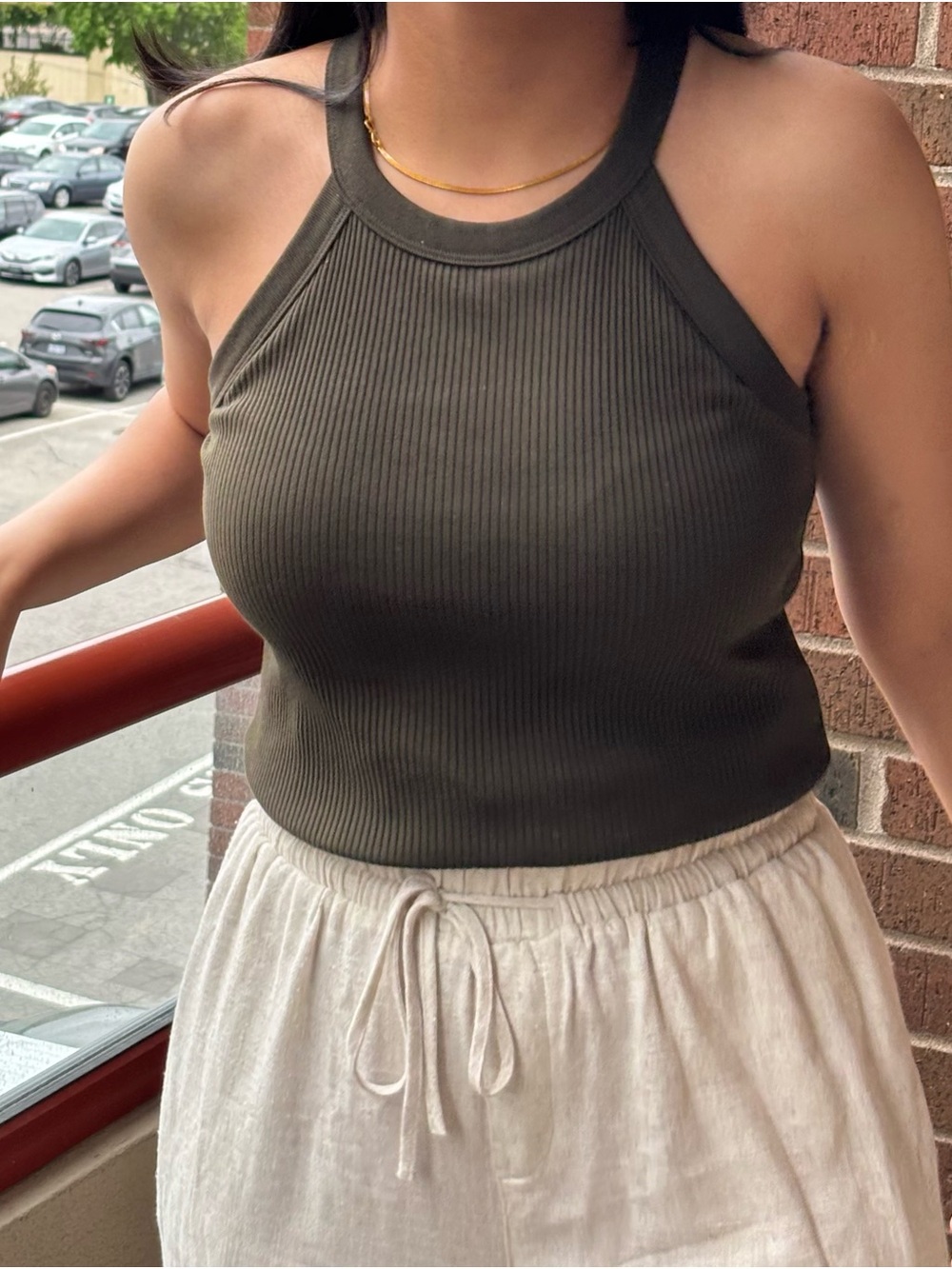 Uniqlo Ribbed Halter Tank Top in Dark Olive
